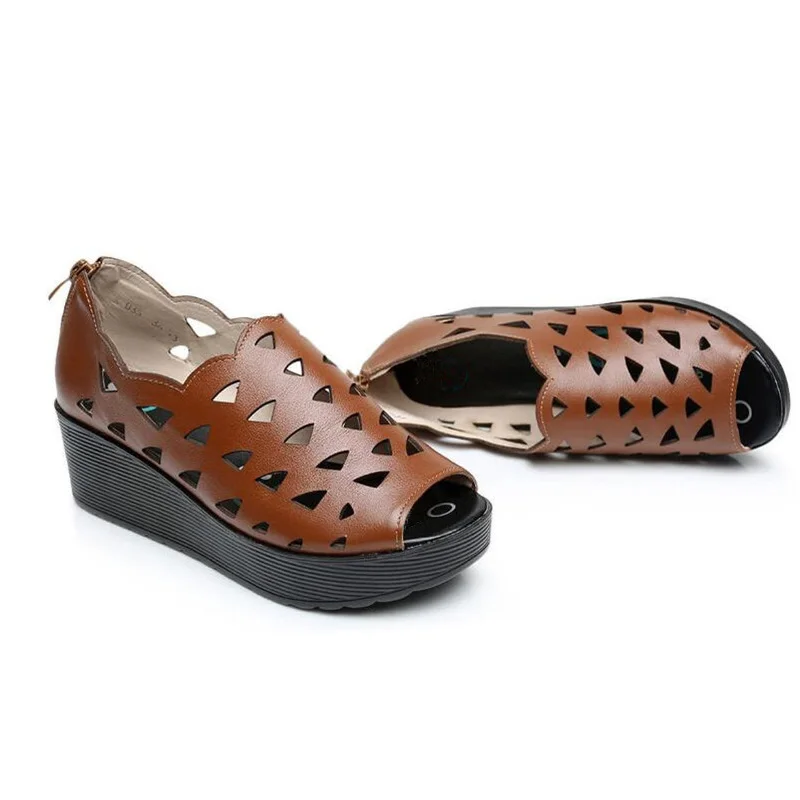 

YAERNI 2018 Summer New Hollow Genuine Leather Shoes Platform Wedges Women Sandals Comfortable Non-slip Women Shoes SandalsE584