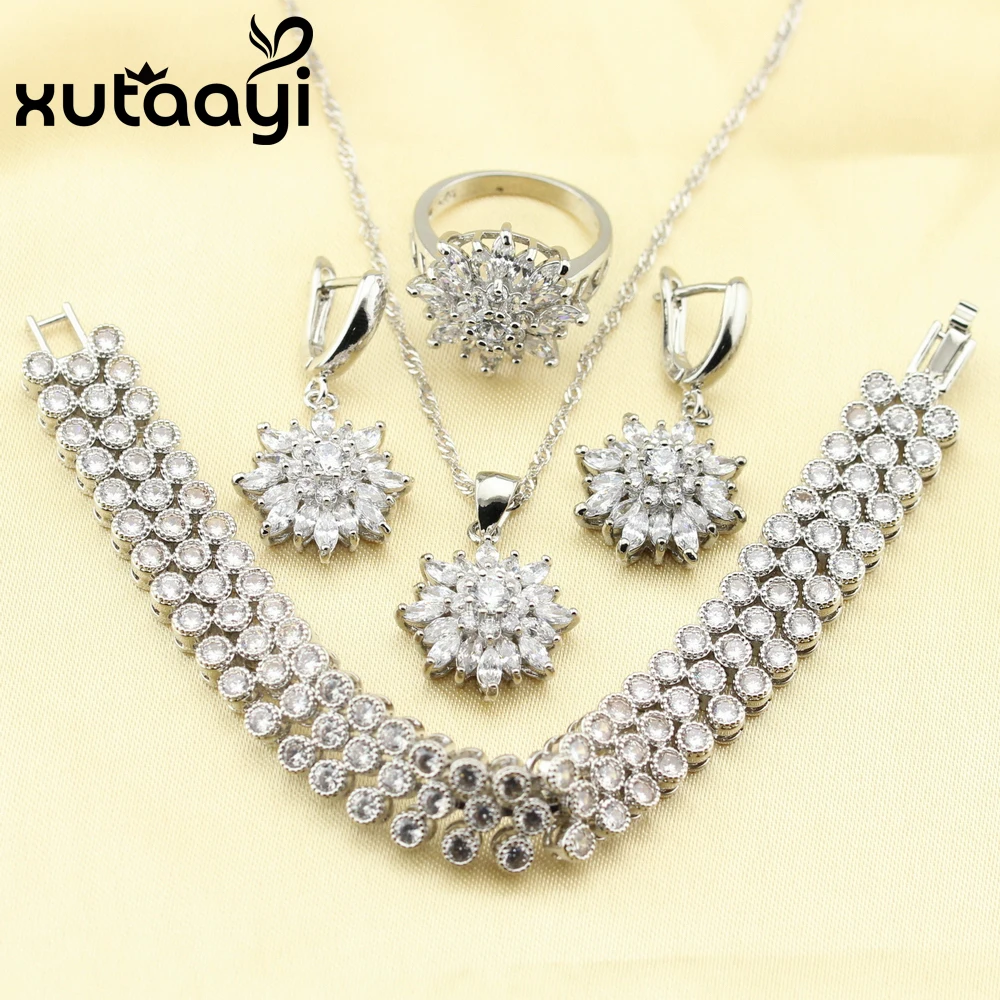 XUTAAYI цветок белый кубический цирконий серебряный цвет Ювелирные наборы для