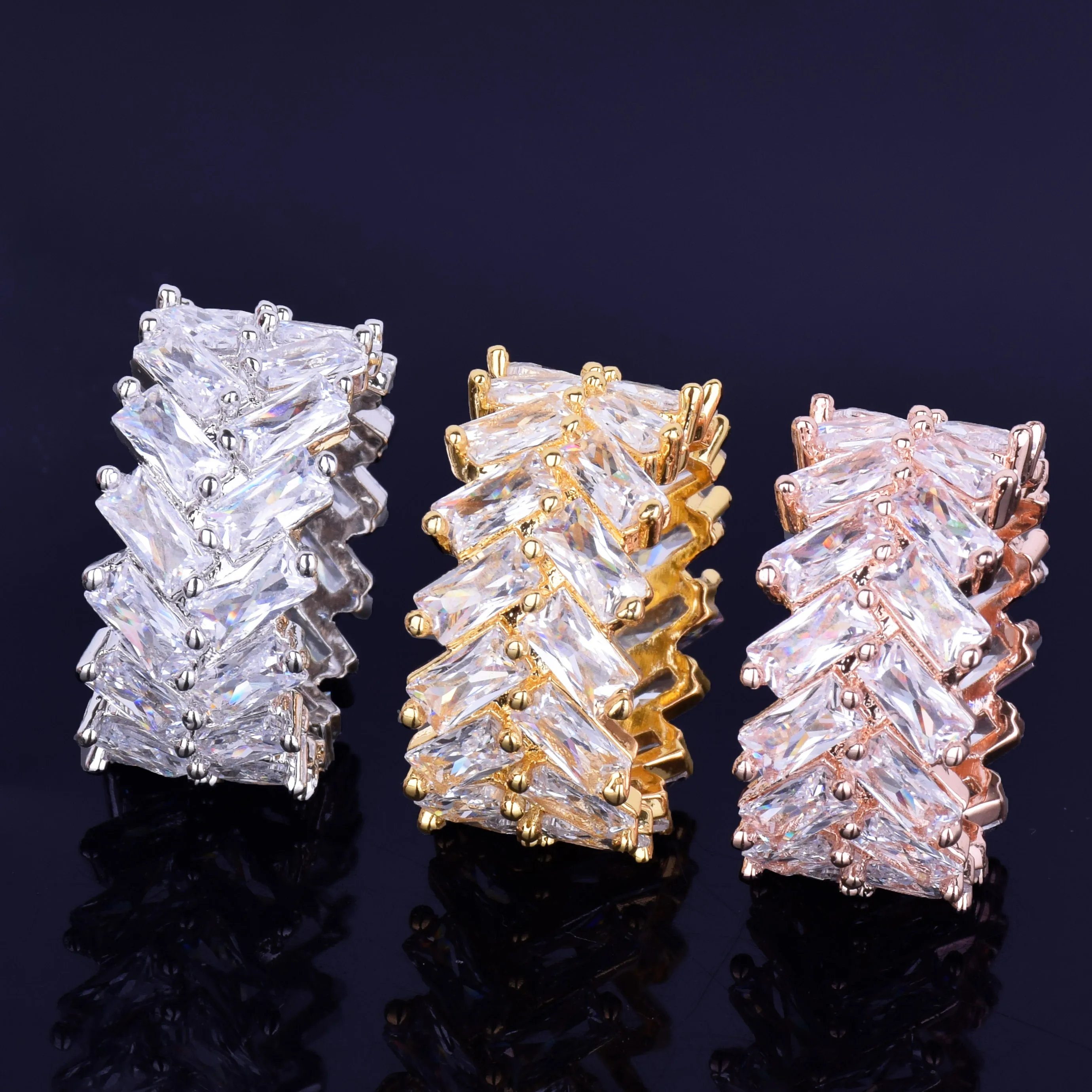2 Row Baguette Zircon Men's Ring 18 K Copper Charm Gold Silver Color Iced RING Fashion Hip Hop Rock Jewelry
