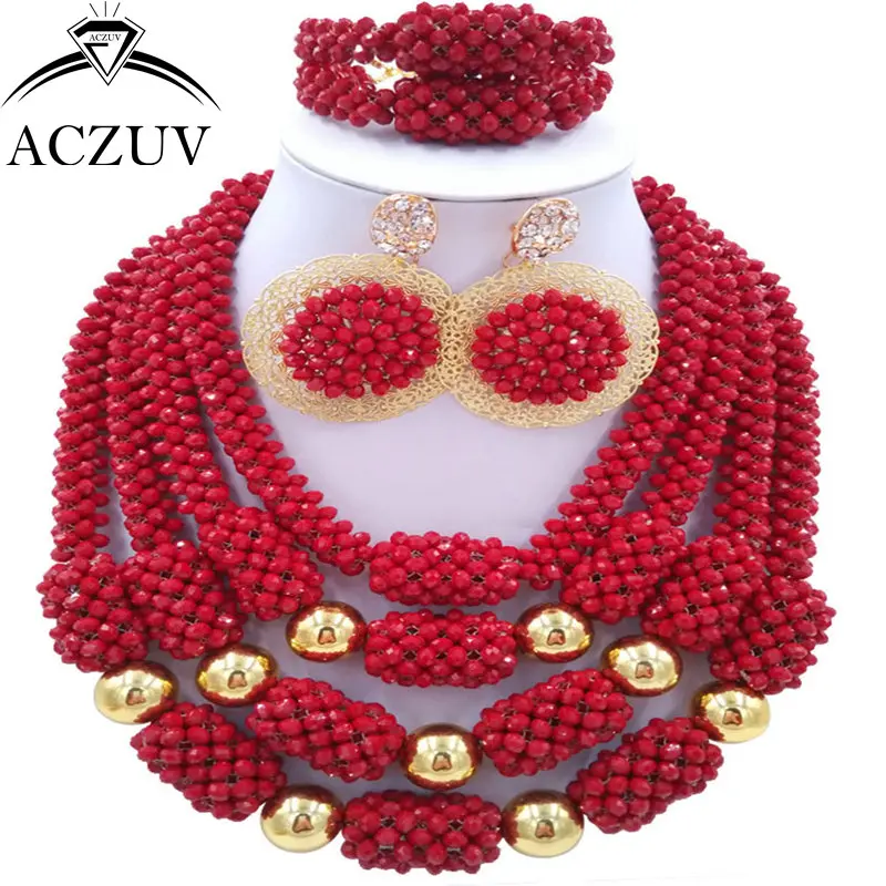 

ACZUV Latest Nigerian Wedding Beads Opaque Red African Jewelry Set Luxury Bridal Jewellery Sets D4R005