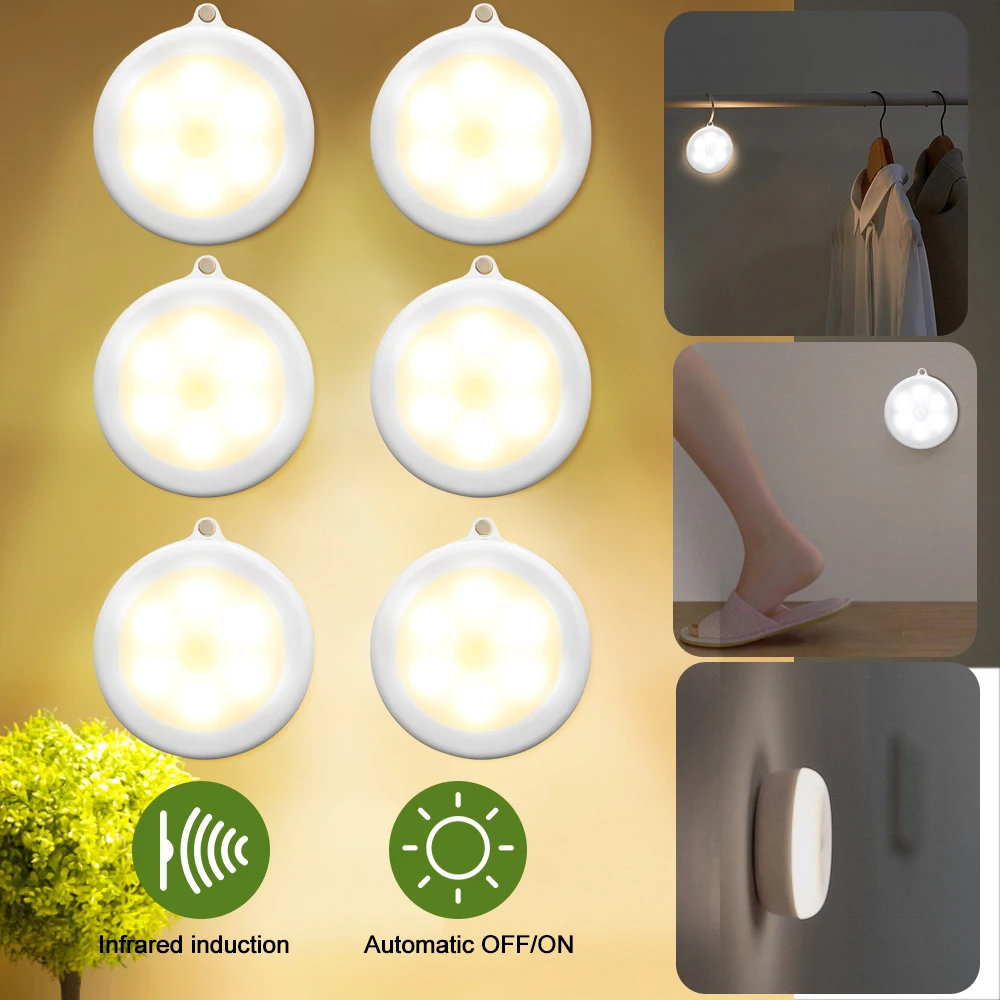 1/3/6 шт. в партии 6 светодиодов движения Сенсор Ночной светильник диаметром 80 мм