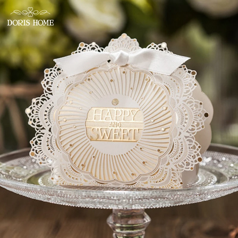 100 шт./лот Золотая и кружевная коробка для конфет с лазерным дизайном свадебные