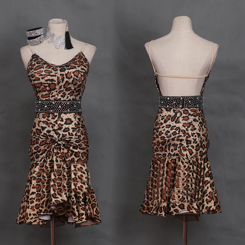 Женское платье для латиноамериканских танцев леопардовое с открытой спиной