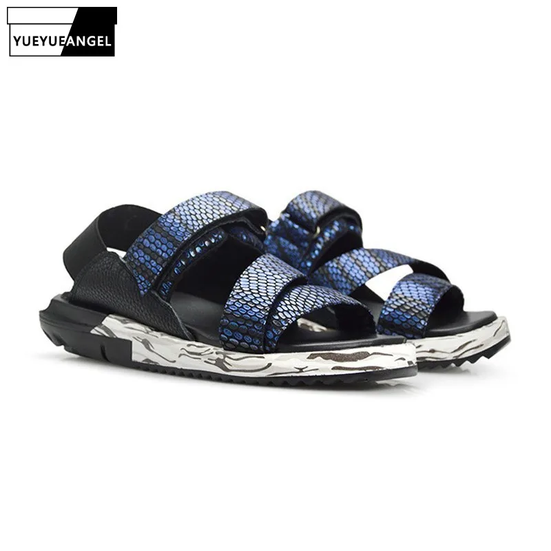 Мужские пляжные сандалии из натуральной кожи на толстой платформе со змеиным
