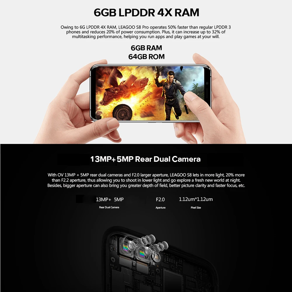 Распродажа LEAGOO S8 Pro 5,99 дюймов 18:9 2160*1080 Пиксели большой Экран MTK6757 восьмиядерный GB RAM 64GB ROM 13MP отпечатков пальцев разблокировать 3050 mAh смартфон