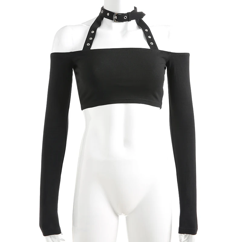 black t-shirt Darlingaga чокер для готов, панков Холтер футболка женская с длинным рукавом с открытыми плечами футболка Осень сексуальный укороченный топ новая футболка одежда - Цвет: black t-shirt