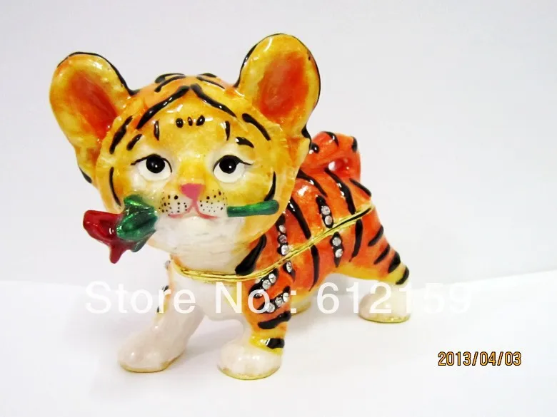2013 free shippping !!! Retail Metal alloy Pewter Crystal cute tiger jewely trinket box|box medium|box organizationbox cutlery |