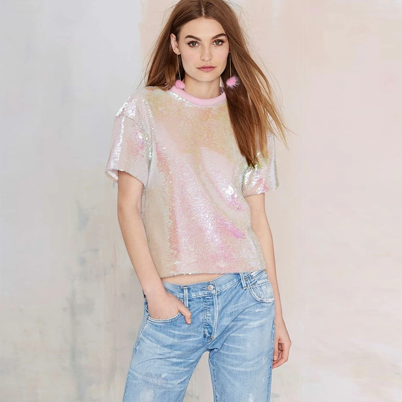 Футболка HDY Haoduoyi женская летняя с коротким рукавом расшитая блестками|fashion tees|t-shirt