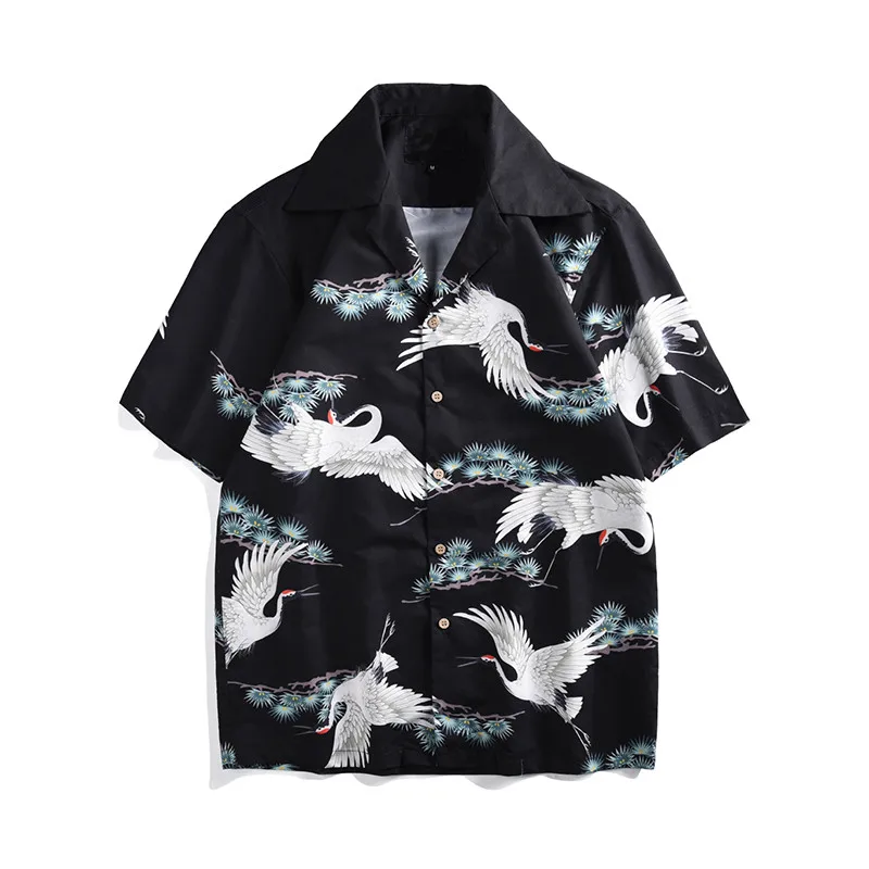 Темная икона журавль Полная Печать Модные уличные рубашки мужские Летние Гавайские пляжные мужские рубашки ретро хип-хоп рубашки хлопок