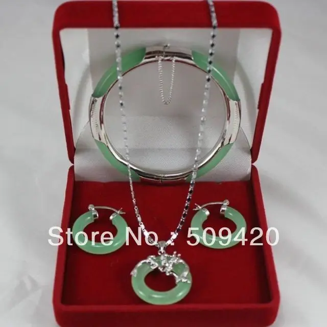 

AR353 UY65 Free Shipping Wholesale>>>Beautiful 18K white gold plated green jade bracelet necklace earrings set #@