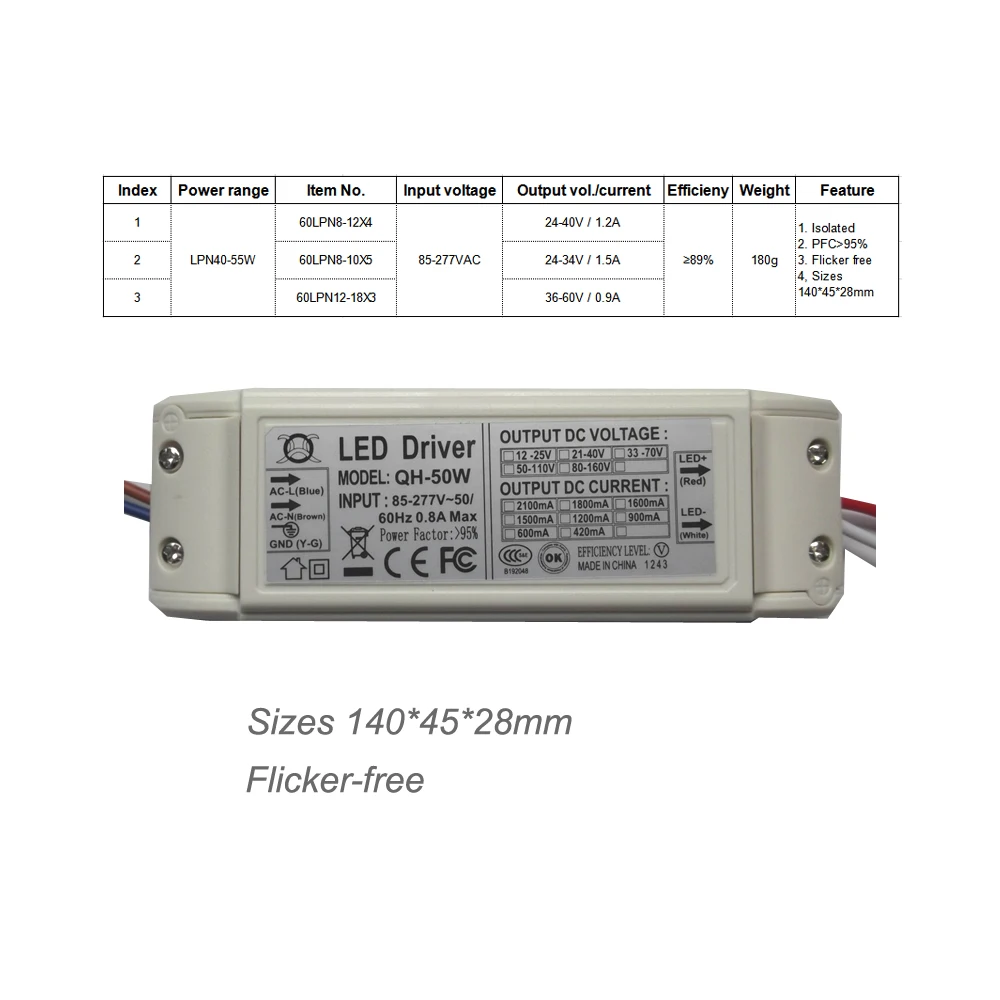 85 277V высокий PFC 95% не мерцающий светодиодный драйвер с свинцовым проводом CE FCC