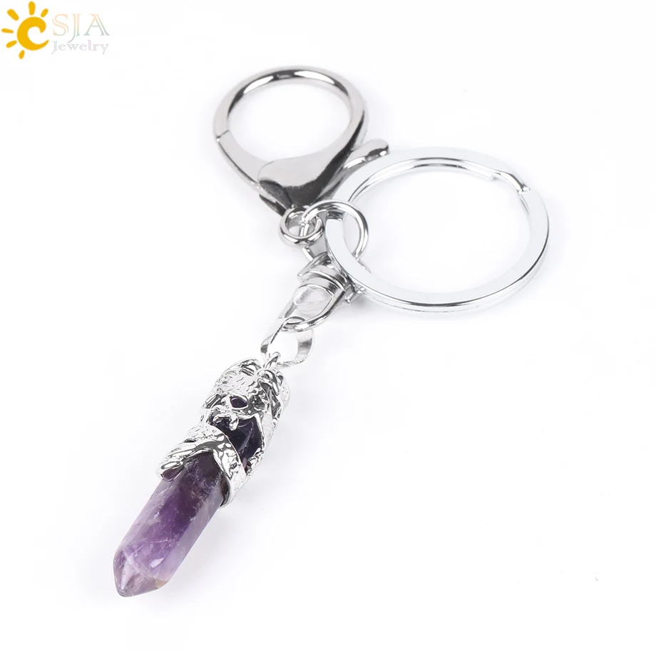 Amethyst CSJA, брелки с натуральным драгоценным камнем, шестиугольная призма, подвеска, лазурит, белый кристалл, опал, для DIY, автомобильные брелоки, цепочки E824 - Цвет: Amethyst