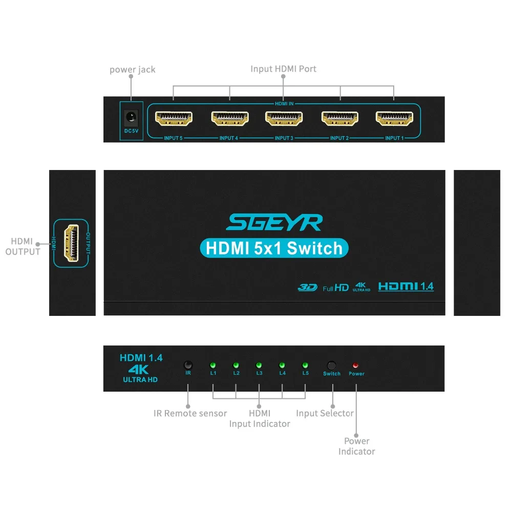 4K 5 портов HDMI переключатель 5 в 1 выход адаптер HDCP HDMI коммутатор разветвитель 1080P подключение 5 HD устройств к 1 HDTV PS3 DVD с ИК-пультом дистанционного управления