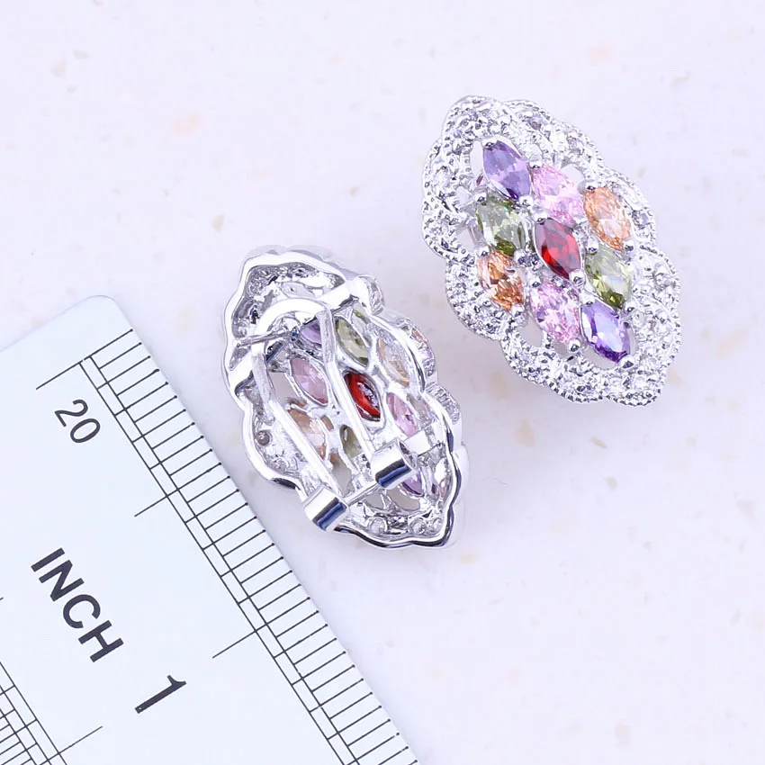 Небесно-многоцветные подделки мультикамней серебристого покрытия серьги хагги для женщин, брачные ювелирные изделия, свадебные аксессуары C0025.