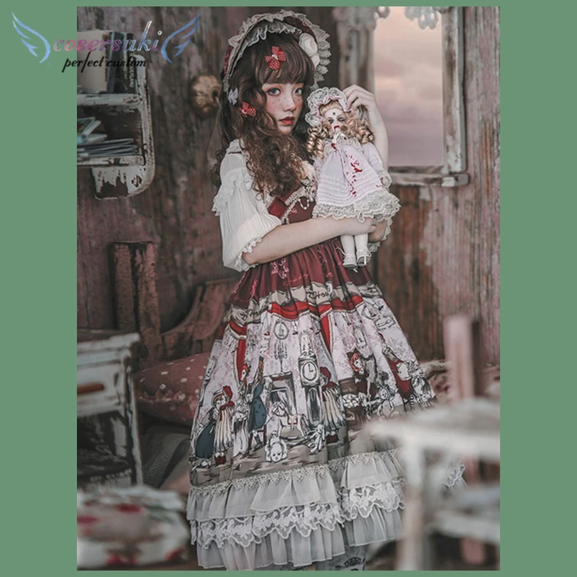 

Sweet Lolita JSK Jumper Skirt Infanta Sleeveless Chiffon Ruffles Fairytale Printed Dark Brown Lolita Dress With Bowknot!Newest!