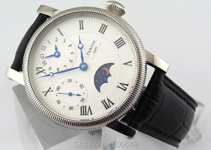 

Parnis 42mm white dial steel case blue hands hand winding movement mens watches