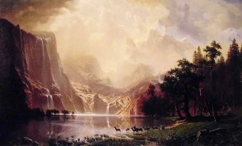 Большая пейзажная живопись маслом на холсте Альберт Bierstadt среди гор