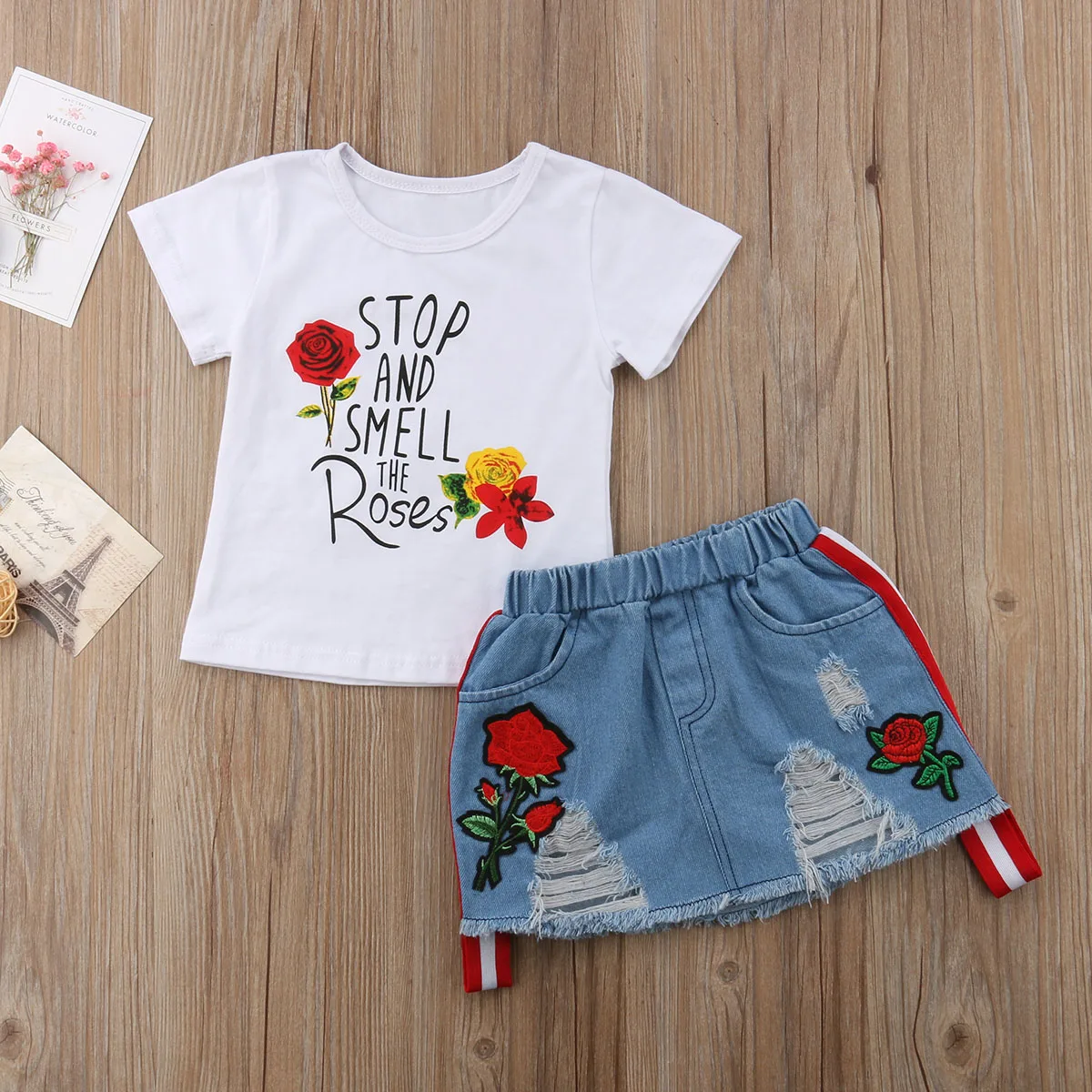 

2PCS Kids Baby Girl Summer Outfits Floral T-shirt Tops Denim Rip Dress Party Clothes Set Fashion Short Sleeve Cotton Clothing