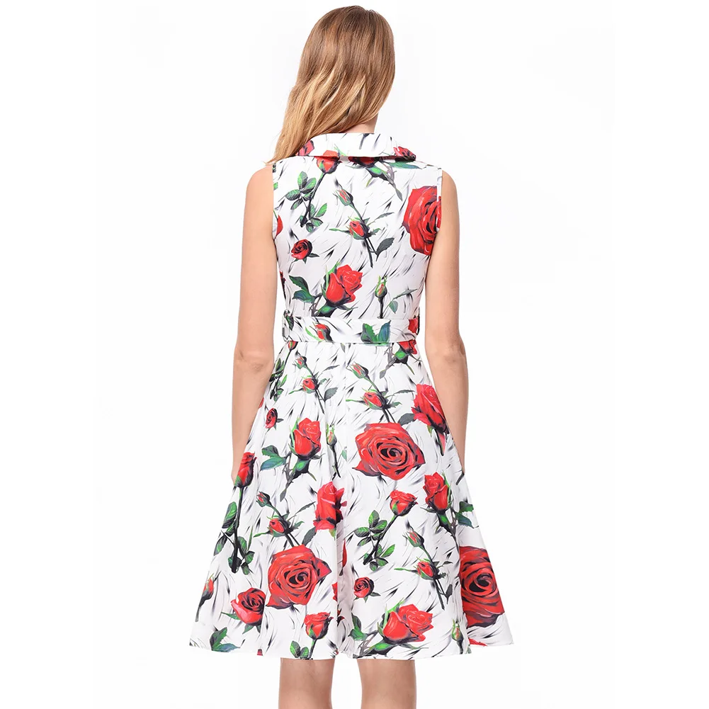 V-образным вырезом Роуз Цветочный Винтаж платье 2018 новый стиль до колена Длина