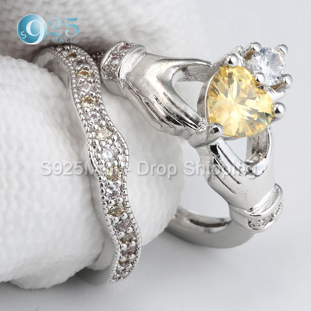 Seanlov модный Claddagh стиль руки к сердцу набор колец белый золотой цвет желтый CZ