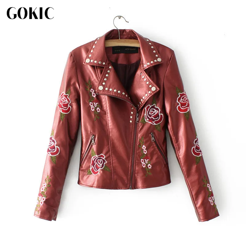 Gokic Новый Для женщин осень PU искусственная кожа Moto куртка женский заклепки