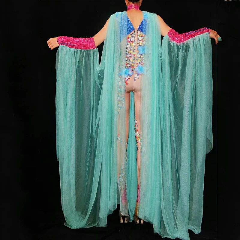 Сексуальный прозрачный комбинезон Zentai Стразы с марлевым рукавом танцевальный