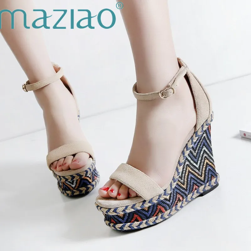 Женские Espadrille туфли на танкетке MAZIAO модные летние черные платформе с ремешком и пряжкой|Боссоножки