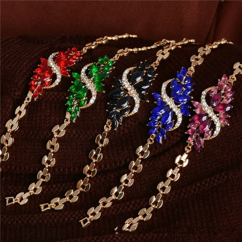 

Fashion Flower Red Crystal Bracelets Bangles Rhinestone Gold Chain Bracelet for Women Party Charms Pulseras Mujer