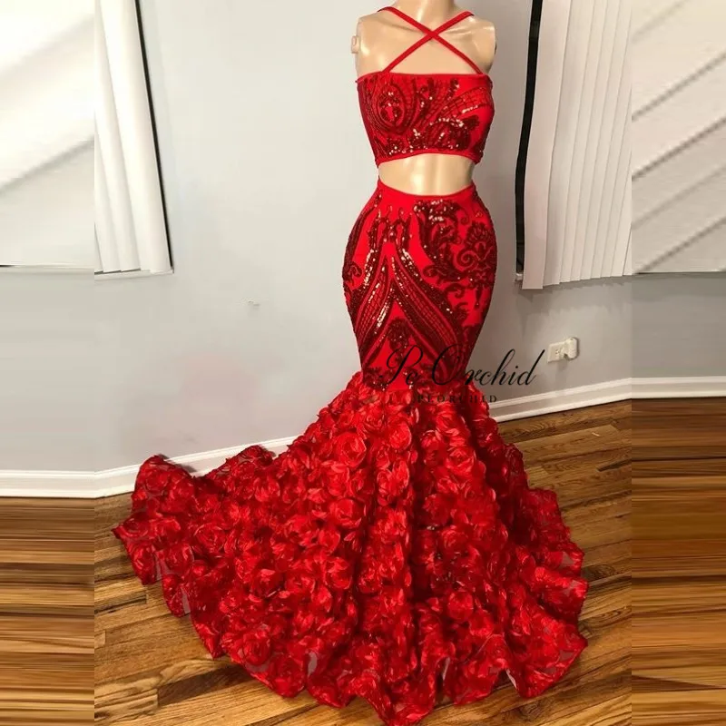 Пикантное красное платье PEORCHID из двух частей с блестками для выпускного вечера