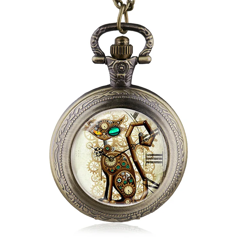 

Best Selling Quartz Pocket Watch Brown Cat Pattern Fob Chain Watch Men Women HB800