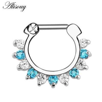 Silver Clear Blue CZ 1 шт. нержавеющие Сталь нос кольцо перегородки кликеры Носа носа пирсинг Кристалл в нос Подвесные серьги сексуальные тела ювелирные изделия-пирсинг - Окраска металла: Silver Clear Blue CZ