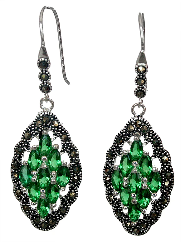 

Genuine 925 Silver green Crystal Art Style Marcasite Earrings 2"