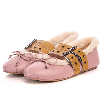 LTTL Latest Autumn Winter Plush Double Breasted Buckle Straps Bowtie Round Toe Flat Ballet Shoes Women Dress | Обувь