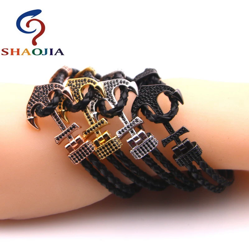 2020 Новый плетеный кожаный браслет с якорем из микроциркона шармами для мужчин и