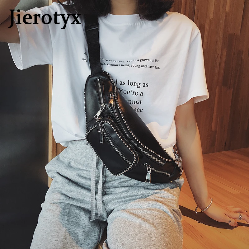 Женская Кожаная поясная сумка JIEROTYX черная с заклепками в готическом стиле