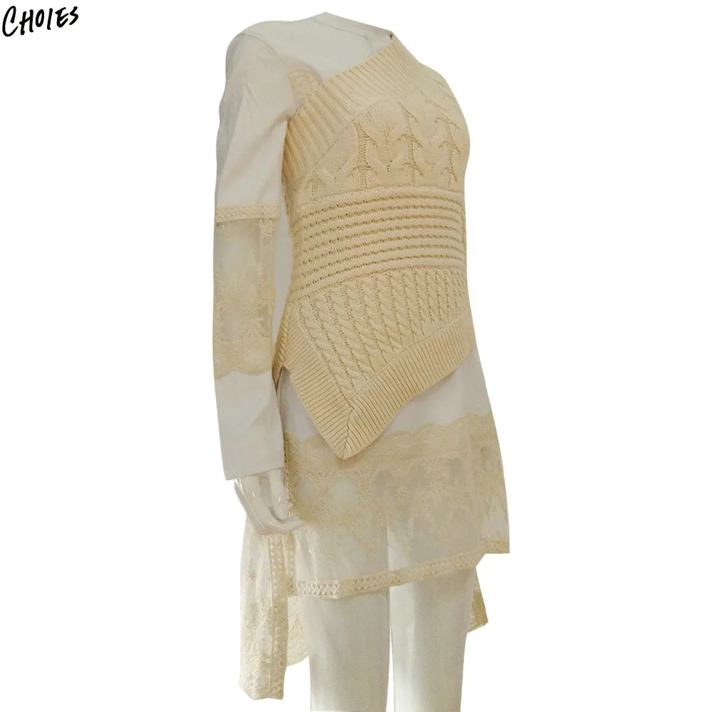 Beige One Shoulder Asymmetric Hem Cable Knitted Sweater Women Brand Fashion Irregular Neck High Street Novelty Top | Женская одежда
