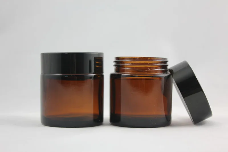 Банка для крема из коричневого/янтарного стекла с черной алюминиевой крышкой 50 г