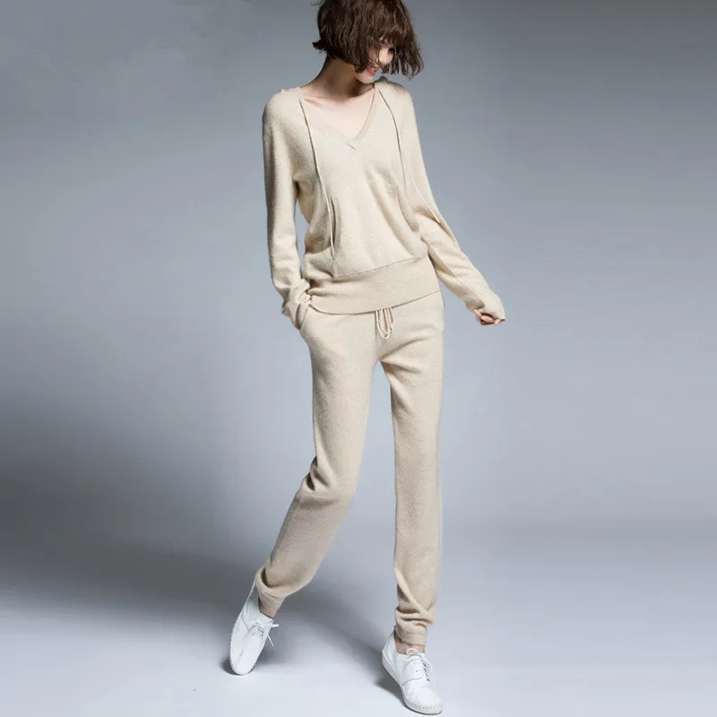 2 шт./комплект женские спортивные костюмы из кашемира и шерсти с капюшоном