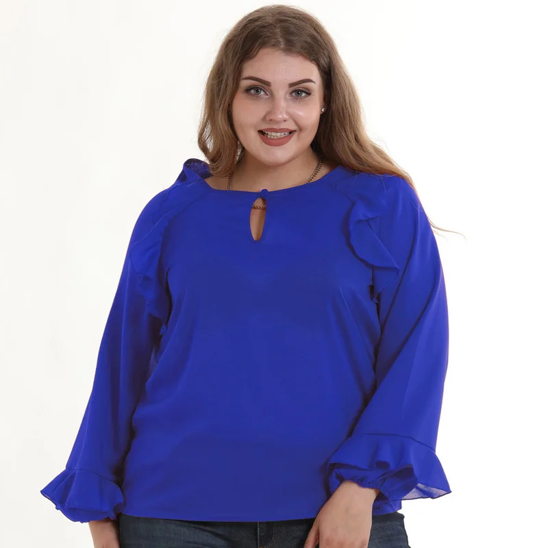 5xl 6xl корейский стиль Женская блузка с оборками длинным рукавом плюс размер