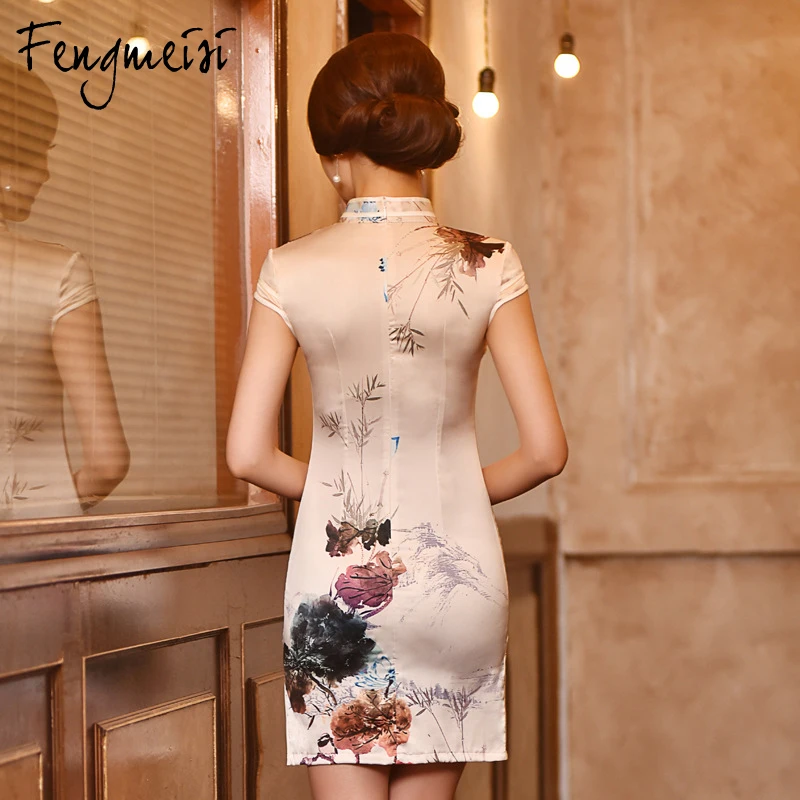 Fengmeisi Для женщин Китайский Ципао для девочек короткие Qipao Стиль шелк сексуальное