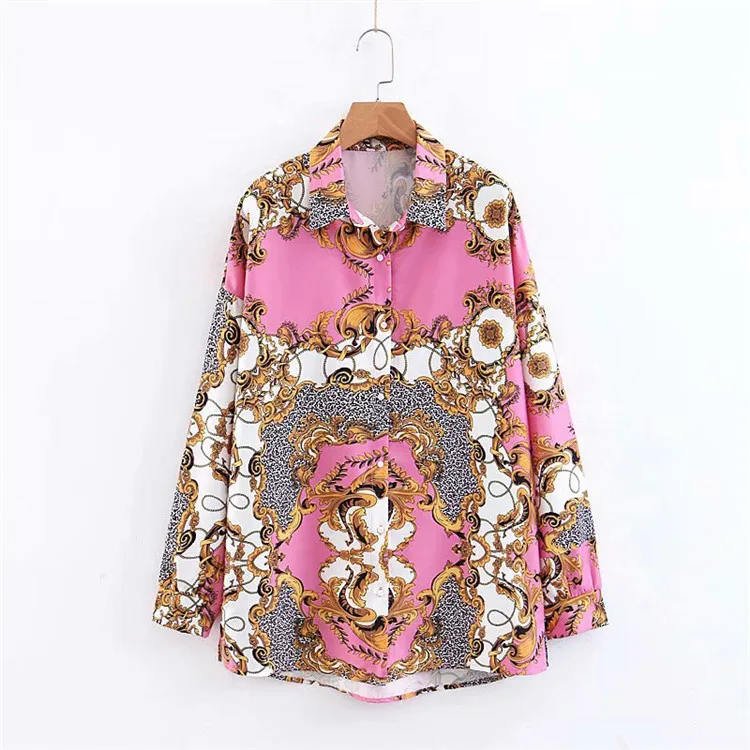 Новейшая женская блузка с элегантным принтом длинный рукав отложной воротник