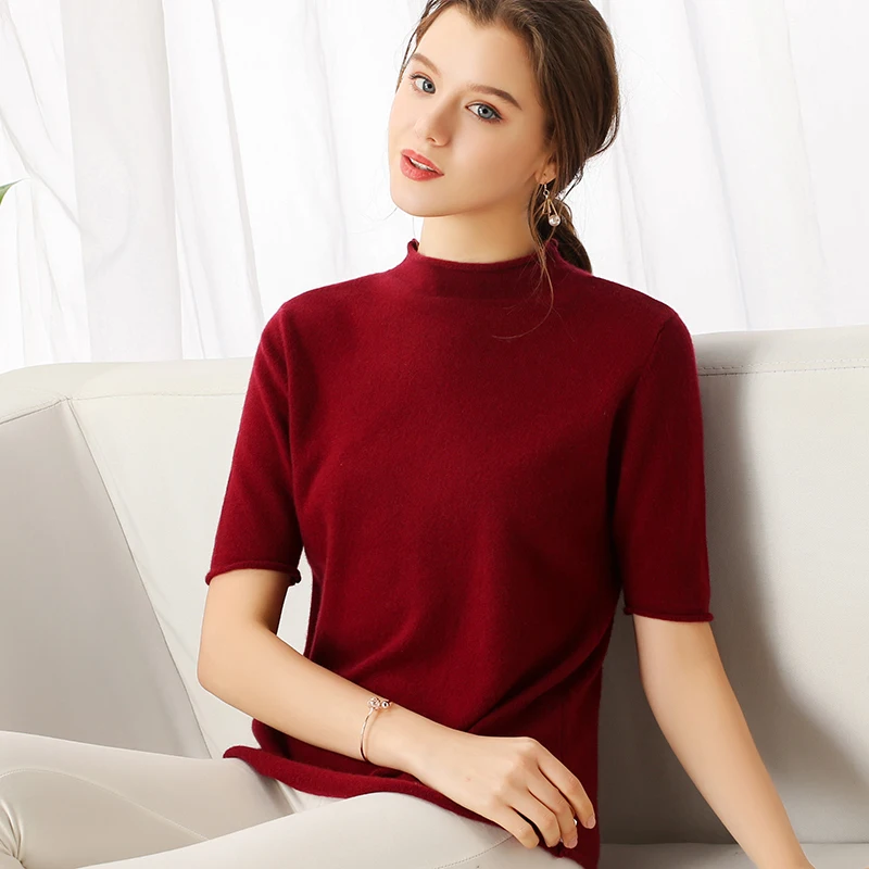 

BELIARST 2019 Spring and Summer New Pure Cashmere Short-Sleeved Women's Half-Neck Sweater Slim Fashion Curling Pullover