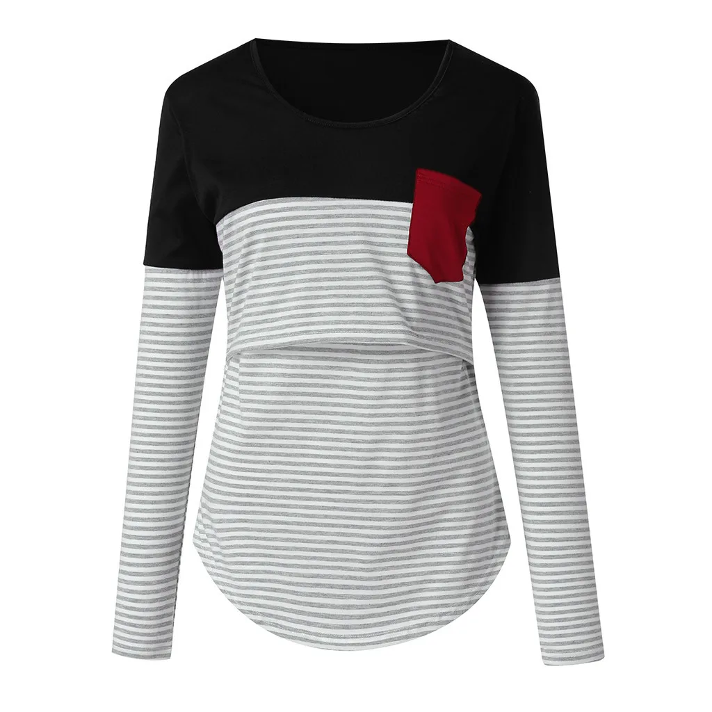 LONSANT Maternity Blouse Women Patchwork Pockets Nursing Stripe Long Sleeve shirt Round Neck Breastfeeding tops | Мать и ребенок
