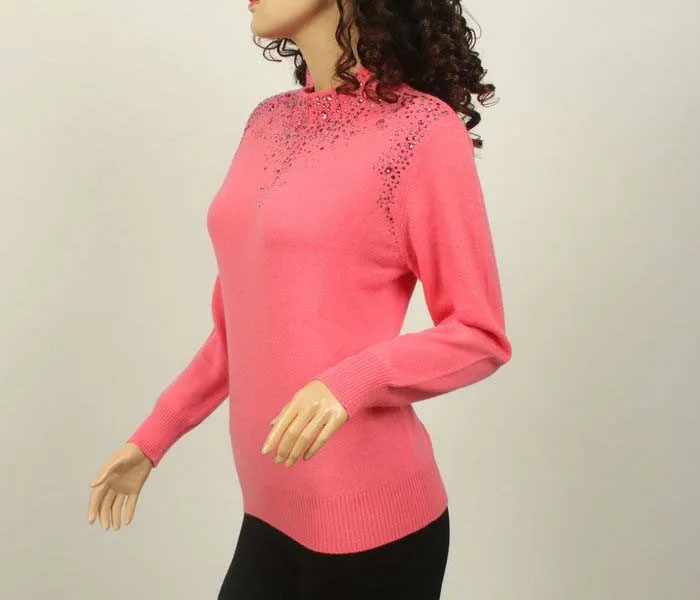 specials large size 100%goat cashmere women's basics sweater pullover half-high collar diamond sequins S-5XL | Женская одежда