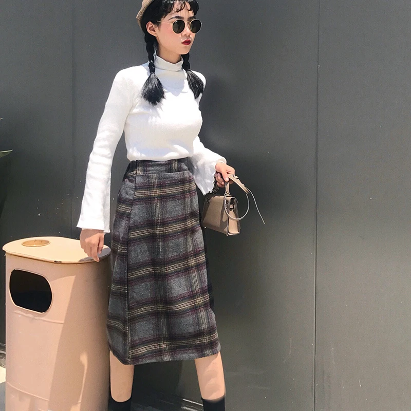 Ретро Шерстяная Смесь офисная шикарная юбка Женская высокая талия Клубная клетчатая упаковка шерстяная