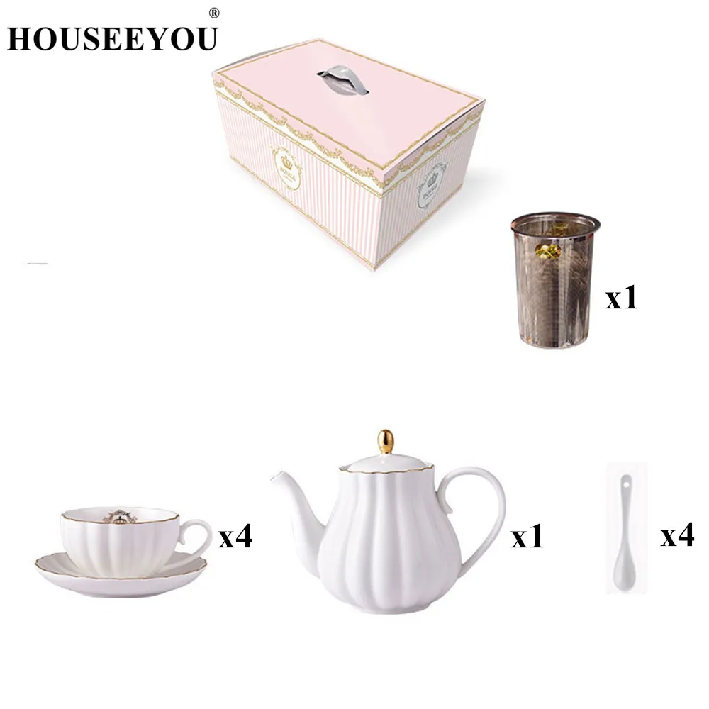 10pcs Краткое British костяного фарфора тыква полоса посуда для напитков керамическая кофейная чашка кружка с молоком чайник Блюдце Ложка Позолоченный Комплект полок набор - Цвет: 10pcs