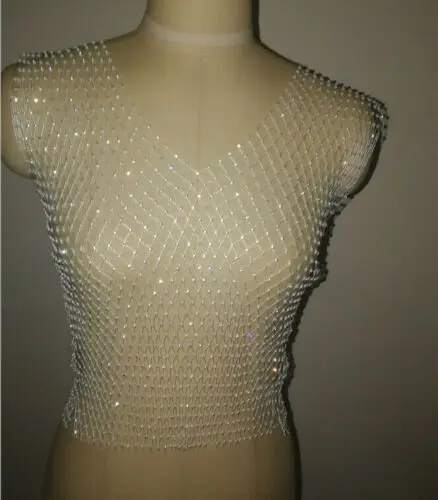 V Neck White 2 стильные женские топы с блестками и сеткой, без рукавов, свободный короткий топ, рубашка, жилет, прозрачная одежда с круглым вырезом - Цвет: V Neck White
