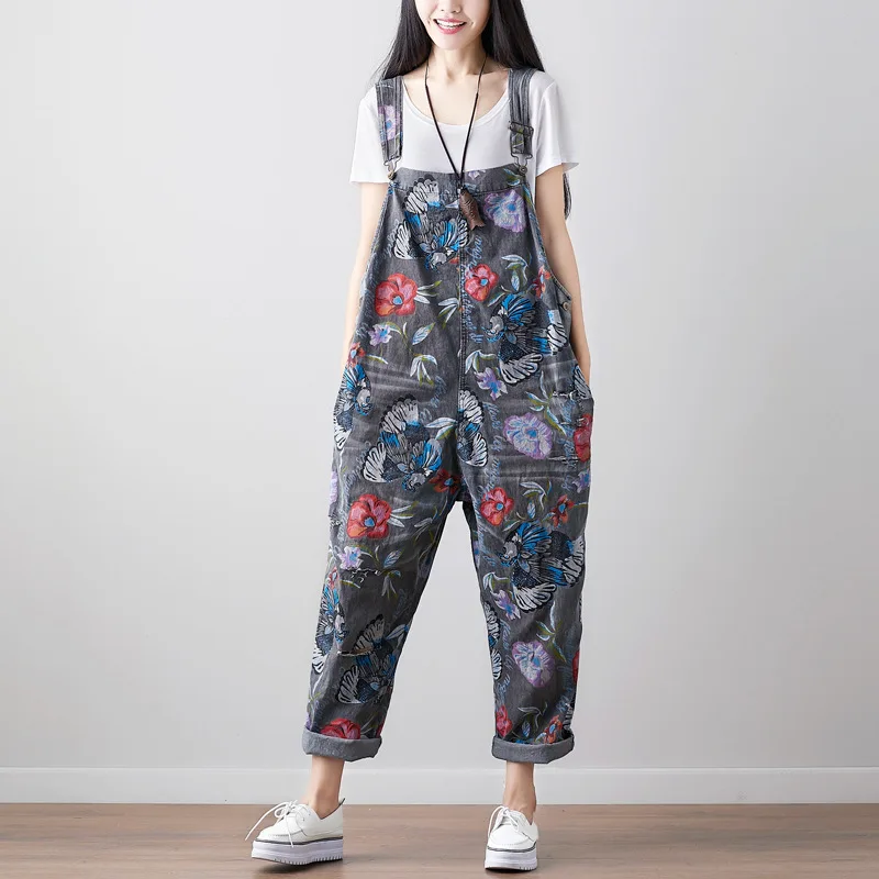 

Mori Girl Baggy Denim Jumpsuit Plus Size Printed Bib Denim Overalls Boyfriend Wide Leg Suspenders Jeans Harem Rompers YT172