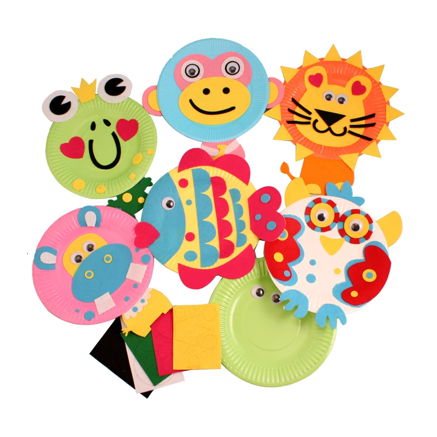 

5pcs children paper plate DIY handmade sticker toys/ Kids baby cartoon 8 inches color paper plate for kingergarden art craft toy