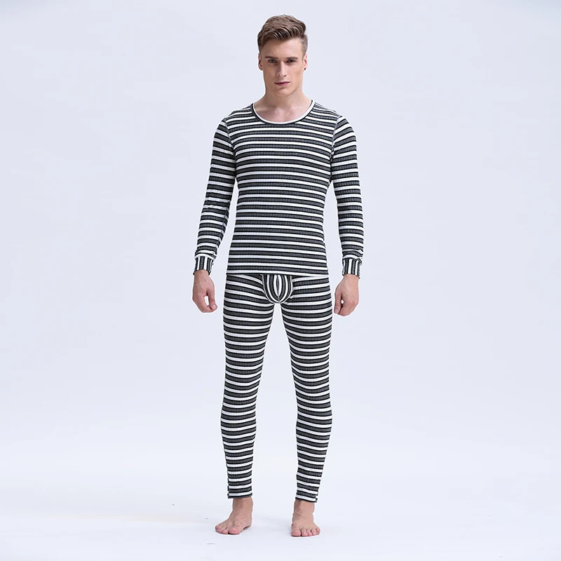 

7 Colors Thermal Undersuit Fashion Men's Striped Crew Neck Long Sleeve Warm Underwear Nightwear Long Johns Sets Tops Pants M-XXL